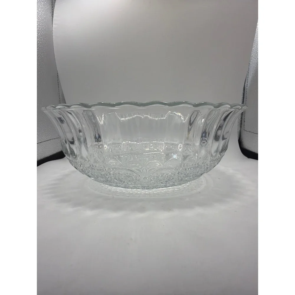 Vintage KIG Etched Clear Glass Serving Bowl Fleur De Lis Pattern